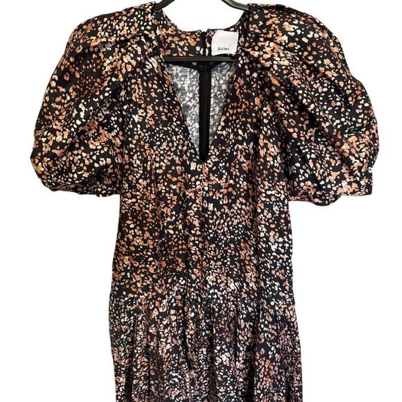 Acler NWOT Warner Belted Dress Puff Sleeves Linen A Line Maxi Black Brown Size 6 - Picture 4 of 15